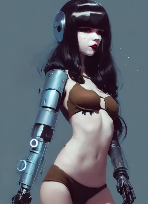 Image similar to portrait of cute goth girl in cyber bikini armor, face by ilya kuvshinov, warhammer, cyberpunk, by atey ghailan, by greg rutkowski, by greg tocchini, by james gilleard, by joe fenton, by kaethe butcher, dynamic lighting, gradient light blue, brown, blonde cream and white color in scheme, grunge aesthetic