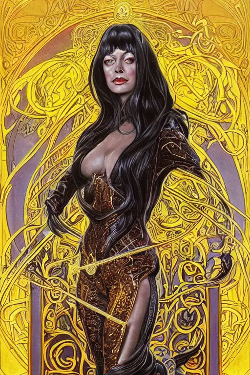 Prompt: Portrait of an epic space queen sorceress with long hair wearing catsuit with ornate bronze and gold, Art Nouveau, retro science fiction poster by Elisabeth Sonrel and Kelly Freas (1965), character concept art, 4k, cgsociety, artgerm