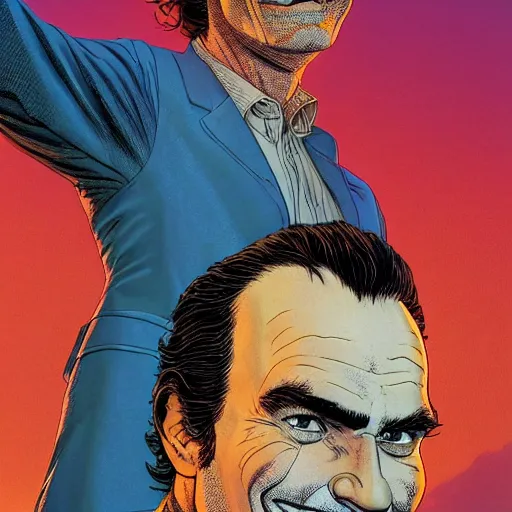 Image similar to photorealistic picture, by jean giraud, moebius, bob peak and alex ross and john romita jr, smooth focus, sharp details, detailed details, bokeh, 4 k, fine 5 k details about joaquin phoenix as arthur fleck joker comic panel volume 1