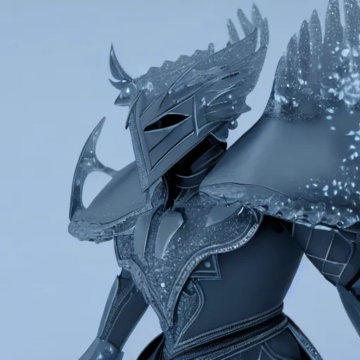 Prompt: full shot of knight wearing ice Armor, inspired by Saint Seiya , frozen scène, high détails, octane render, volumetric lighting