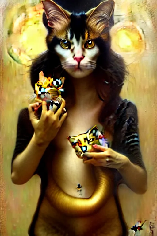 Image similar to gold cat smoking by tom bagshaw, mucha, karl kopinski Android Jones