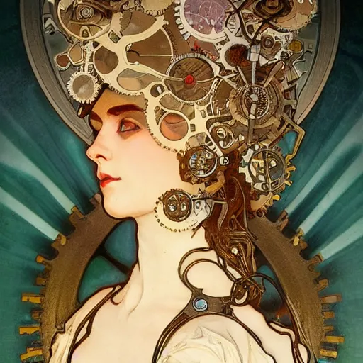 Prompt: A close-up portrait of a beautiful female android wearing an intricate cracked porcelain face by Alphonse Mucha, exposed inner gears, bright soulful eyes, steampunk, gears, steam, art nouveau card, concept art, trending on artstation