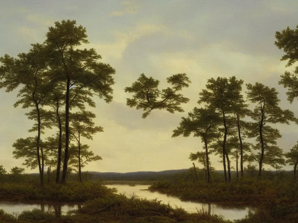 Image similar to hudson river school painting, naturalism, swamp, few little pines, corduroy road