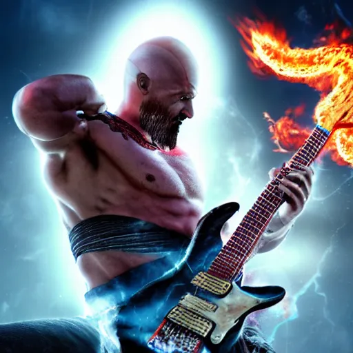 prompthunt: kratos shredding on a flaming stratocaster guitar