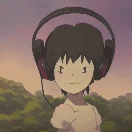 Image similar to cartoon gorilla wearing a black shirt, headphones on head, holding a red mushroom, landscape illustration concept art anime key visual trending pixiv fanbox by wlop and greg rutkowski and makoto shinkai and studio ghibli and kyoto animation