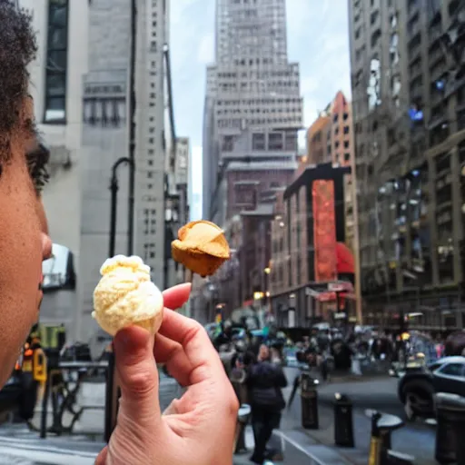 Prompt: an angry god looking at his tiny ice cream cone in nyc.