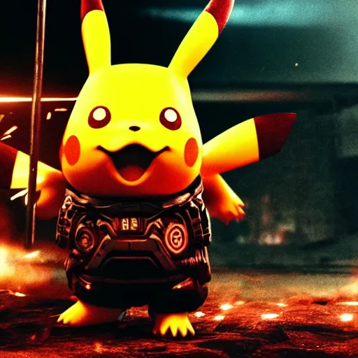 Image similar to 'Samurai Pikachu' in Gears of War, splash art, movie still, cinematic lighting, dramatic, octane render, long lens, shallow depth of field, bokeh, anamorphic lens flare, 8k, hyper detailed, 35mm film grain