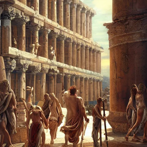 Image similar to greek gods walking around in ancient constantinople, oil on canvas, trending on artstation, cinematic composition, insanely detailed, hd