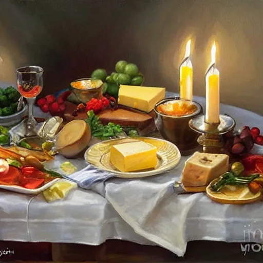 Image similar to a table full of traditional Swedish food, candles, cheese, schnapps, painting by Vladimir Volegov
