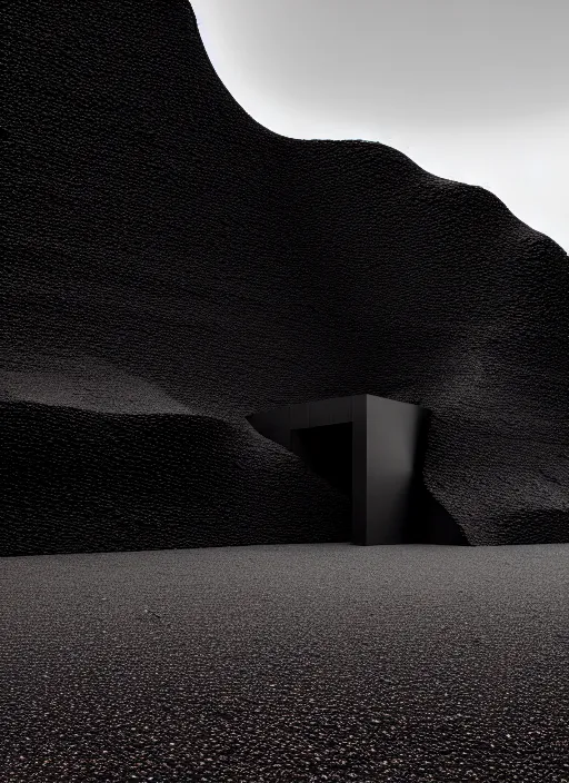 Prompt: tall black geometric house, embedded in lava cliff, full view, black house, molten metal house, minimal, rippled white landscape, dwarven architecture, light from molten iron, octane render, hyper realistic, 8 k, octane render,