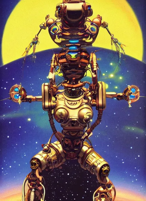 Prompt: Robotic beautiful shaman woman posing in front of a space station painted by Hajime Sorayama and moebius, chris foss , tarot, dramatic lighting