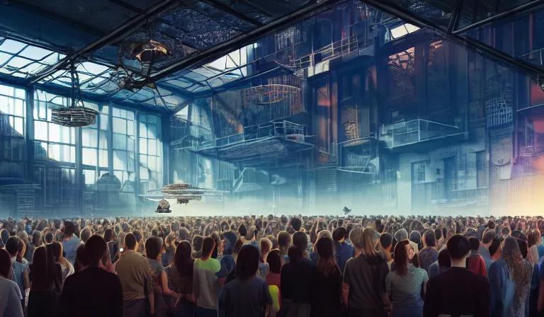 Image similar to crowd of people in simple warehouse, looking at hologram of futuristic city on a table, cinematic concept art, godrays, golden hour, natural sunlight, 4 k, clear details, tabletop model buildings, center model buildings, hologram center, crane shot, crane shot, crane shot