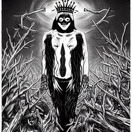 Image similar to full body detailed artwork of man wearing corpse paint and a crown on thorns with long black hair, tears of blood. Wide shot at night. Artwork by Junji Ito and dan Mumford