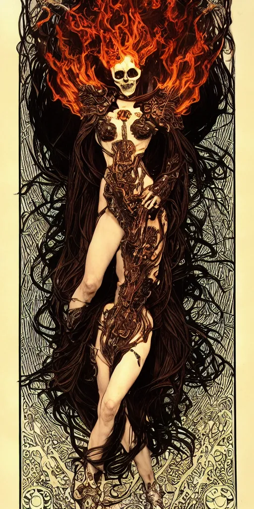 Prompt: a finely detailed beautiful!!! feminine cyberpunk ghost rider with skull face and long flowing hair made of fire and flames, dressed in black leather, by Alphonse Mucha, designed by H.R. Giger, legendary masterpiece, stunning!, saturated colors, black background, full body portrait, viewed from medium distance away so the full body is visible, trending on ArtStation