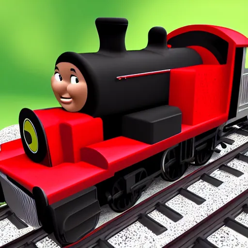 Image similar to photo realistic black and red thomas the train going fast