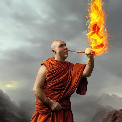 Prompt: ram horned monk brings fire down from the sky, medieval style, highly detailed, digital painting, volumetric light, 8k