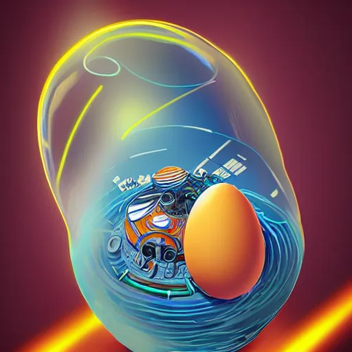 Prompt: A mechanical egg being powered by cosmic fuel, digital art