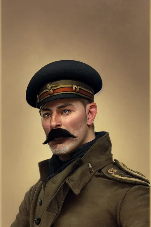Prompt: portrait photo of russian man in khaki military tunic wearing high black wool hat with black moustache and shaved chin, holding a blue lightsaber, no beard, handsome, highly detailed, digital painting, artstation, concept art, smooth, sharp focus, illustration, art by gaston bussiere and alphonse mucha