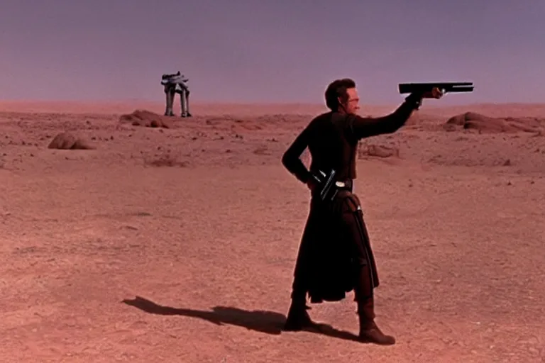 Prompt: film still of clint eastwood aiming a colt handgun in star wars, he is inside tatooine bar 4 k