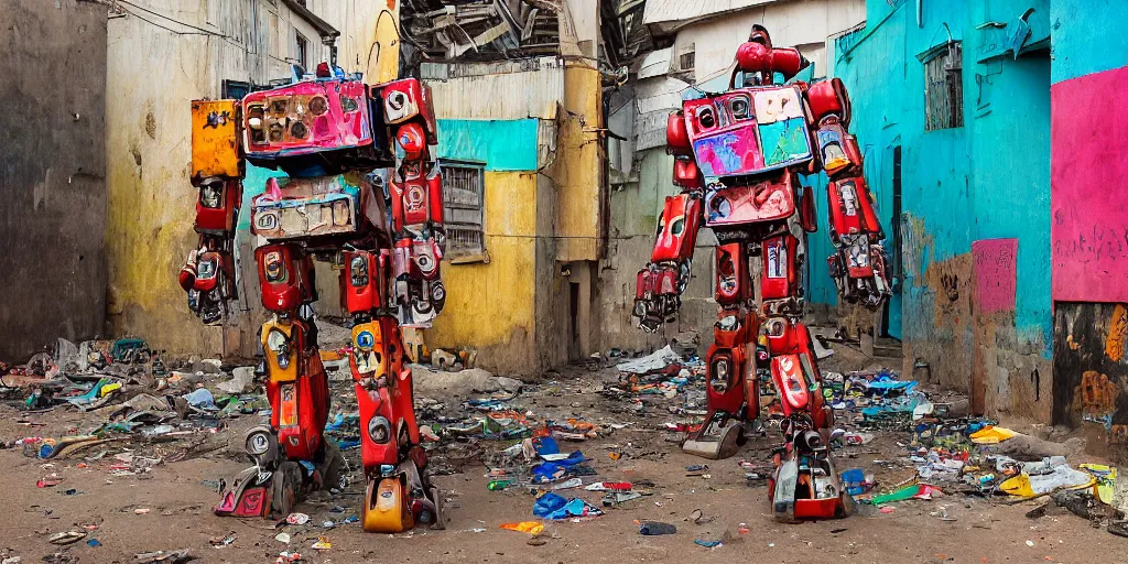 Image similar to colourful - damaged - giant mecha ROBOT of AJEGUNLE SLUMS of Lagos, markings on robot, Golden Hour,