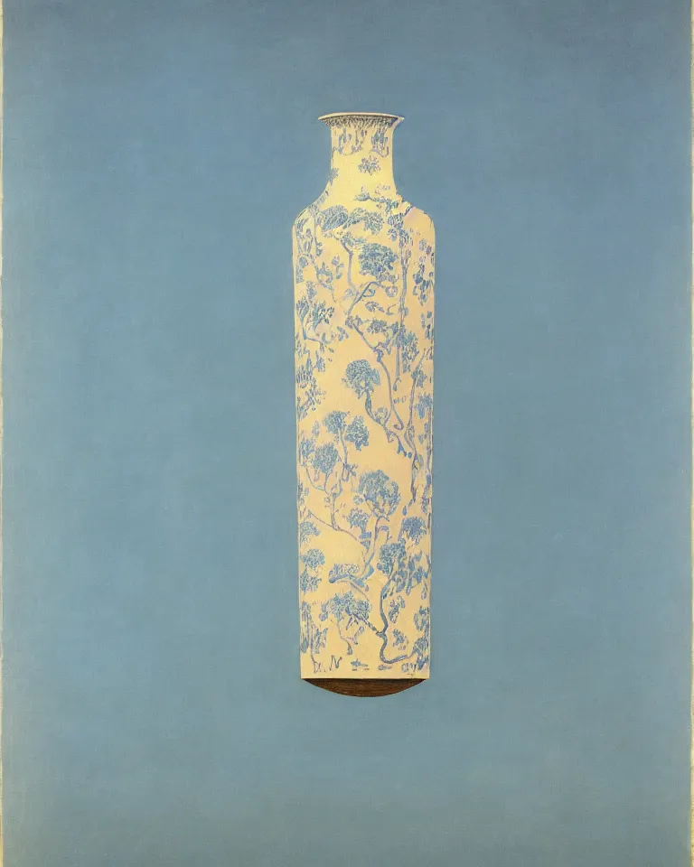 Prompt: achingly beautiful print of intricately painted ancient greek lekythos on a baby blue background by rene magritte, monet, and turner.