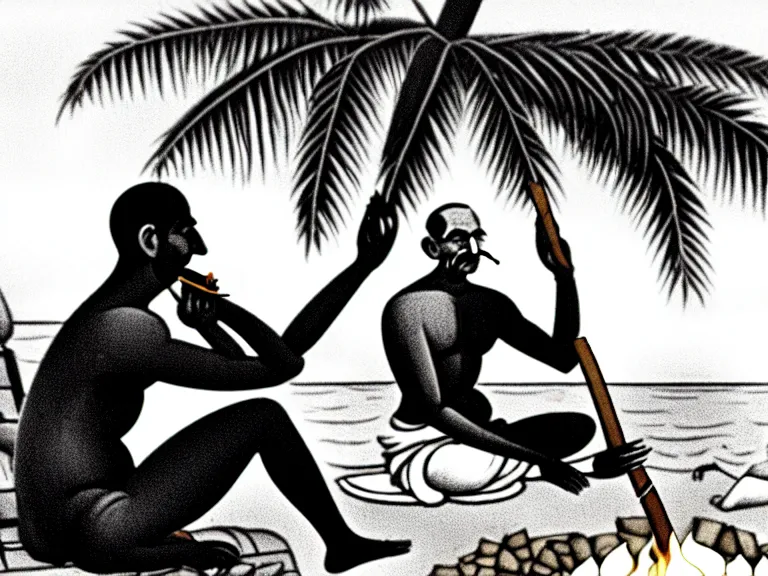 Prompt: side view of gandhi holding a cigar, sitting on a beach, next to a campfire, with palm trees and different types of beach animals parrot turtle lizard crab coconuts in the back