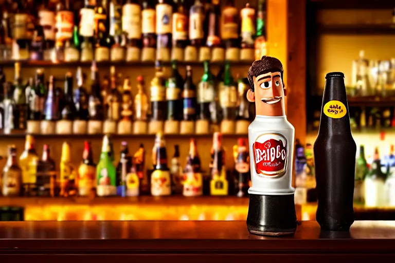 Prompt: a anthropomorphic bottle of beer stands in front of a bar waiting to be served by the bartender, pixar