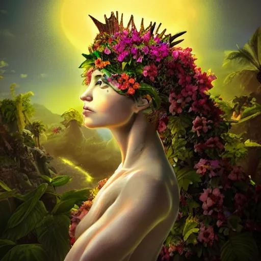 Image similar to Mother Nature with a crown made of flowers towering over a tropical island, Dramatic Lighting, Trending on Artstation HQ, 4K, UHD.