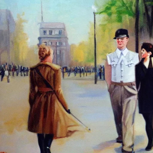 Image similar to an oil panting of a young hitler with her girlfriend, walking in berlin