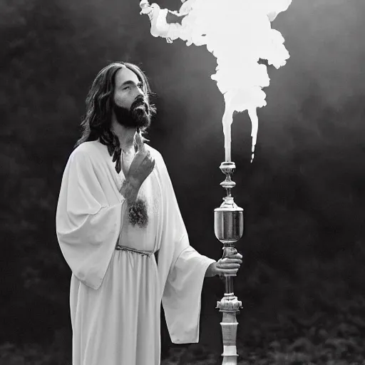 Image similar to jesus christ exhaling a huge smoke cloud from his holy bong, award winning candid photography