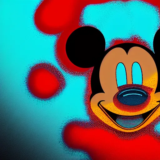 Prompt: mickey mouse head, distorted, vhs glitch, varied textures, wet, mycelium, scaly, broken, melting fractal