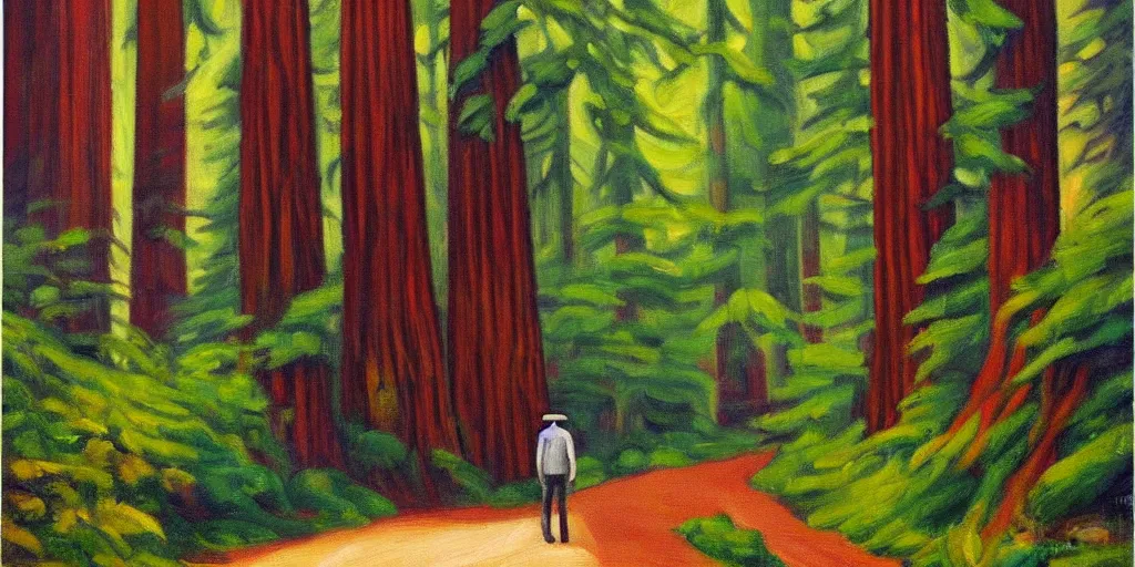 Image similar to a stunning wpa style painting of a man walking down a path in a redwood forest, award winning art