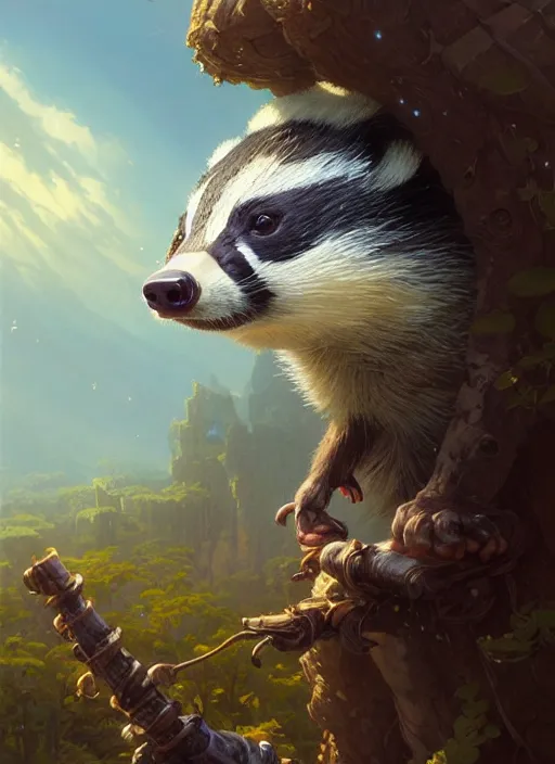 Image similar to highly detailed portrait of a cute badger, unreal engine, fantasy art by greg rutkowski, loish, rhads, ferdinand knab, makoto shinkai and lois van baarle, ilya kuvshinov, rossdraws, tom bagshaw, alphonse mucha, global illumination, radiant light, detailed and intricate environment