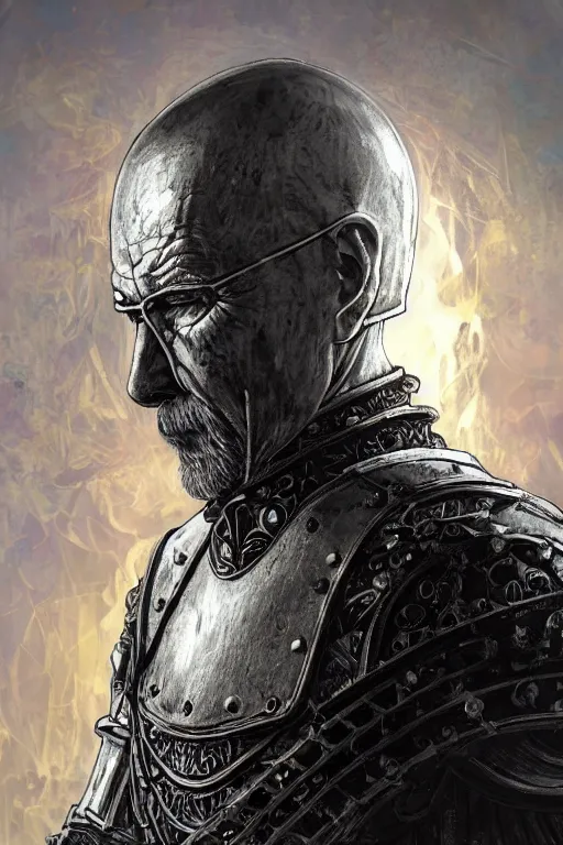 Prompt: Walter white, European beautiful luxury and evil and victorian and gothic medieval white armor knight portrait, front face, ultradetail face, ruined gothic cathedral, art and illustration by tian zi and craig mullins and WLOP and alphonse mucha, ssci-fi, fantasy, intricate complexity, human structure, hypermaximalist, fantasy character concept, dynamic lighting, shafts of golden light, f/1.2, hyperrealism 8k