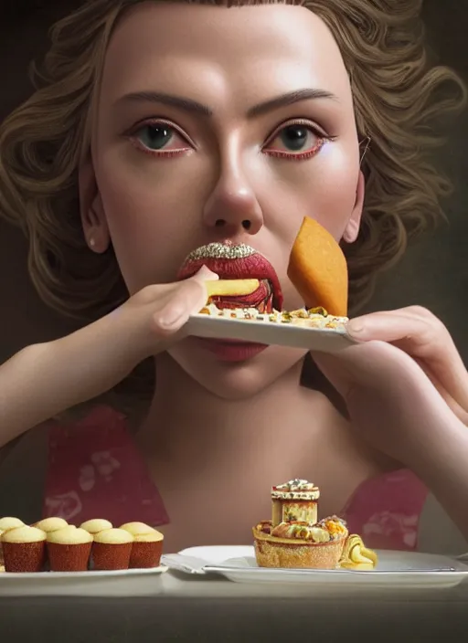 Image similar to closeup portrait of tin toy scarlett johansson eating cakes, depth of field, zeiss lens, detailed, symmetrical, centered, fashion photoshoot, by nicoletta ceccoli, mark ryden, lostfish, earl nore, hyung tae, frank frazetta, breathtaking, 8 k resolution, extremely detailed, beautiful, establishing shot, artistic, hyperrealistic, octane render