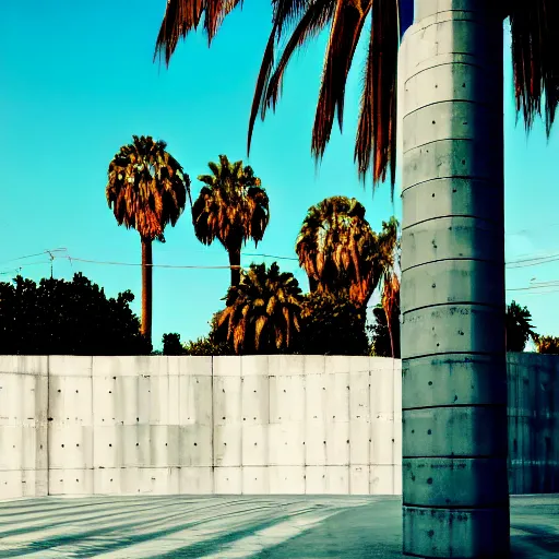 Prompt: noisy color photograph of a concrete underground retrofuturist liminal space, sky made of concrete, staggered terraces, centered palm tree growing out of concrete, hidden area, unknown space, minimalist, cinematic, soft vintage glow