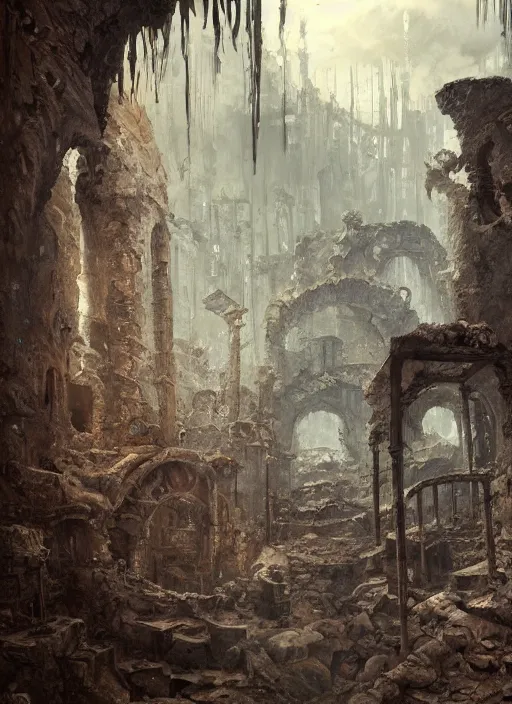 Image similar to ruins in hell, oil painting by tomasz jedruszek, cinematic lighting, pen and ink, intricate line, hd, 4 k, million of likes, trending on artstation