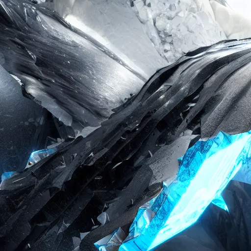 Image similar to obsidian scraps trailing behind a huge chunk of ice which is flying through the air, behance hd artstation, 4 k cinematic