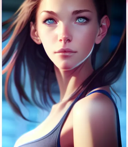 Image similar to portrait of a woman with blue eyes, brown hair and a perfect body, wearing casual, character design by charlie bowater, ross tran, artgerm, and makoto shinkai, detailed, soft lighting, rendered in octane