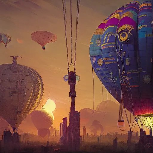 Prompt: solarpunk and cyberpunk hot air balloon, very detailed, intricate, detailed illustration, by greg rutkowski and alphonse mucha, Paul Lehr and Beeple, iridescent accents, ray tracing, product lighting, sharp, smooth, masterpiece, cinema 4D