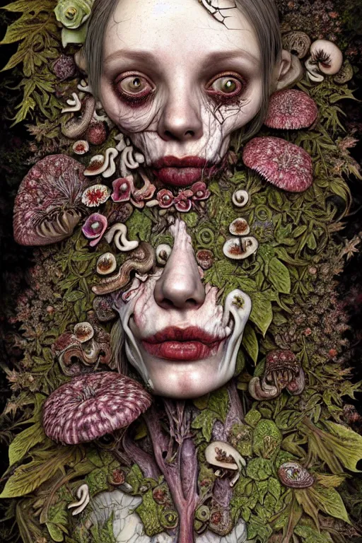 Image similar to beautiful and detailed rotten woman corpse with fractal plants and fractal flowers and mushrooms growing around, face muscles, veins, arteries, intricate, ornate, surreal, ray caesar, john constable, guy denning, dan hillier