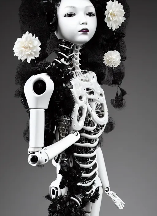 Image similar to black and white dreamy profile face portrait, biomechanical beautiful angelic young female cyborg - robot - doll with long hair made of flowers, body ribs meshes, volumetric light, hibiscus flowers, rim light, big gothic fashion pearl embroidered collar, 1 9 3 0, 8 k