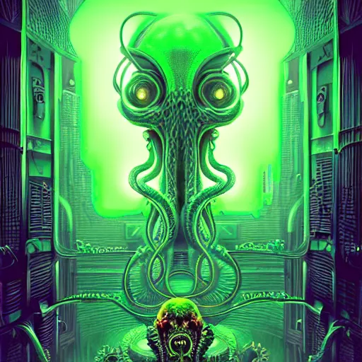 Image similar to poster style, a beautiful and terrifying painting with high details a digital portrait of lovecraftian tech god, green neon cyber cthulhu, cyber noir, movie atmosphere, movie lights, 8 k, light effect, rtx on, trending on artstation, by kilian eng, lee madgwick, bastien lecouffe - deharme