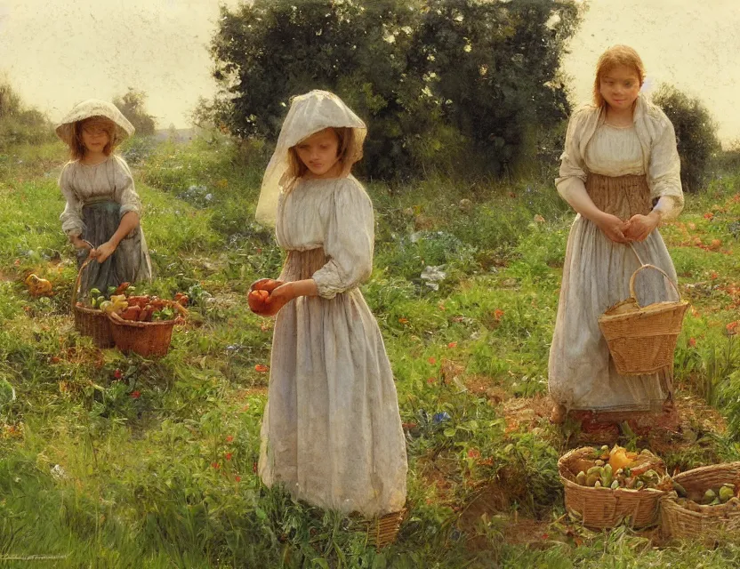 Image similar to 3 peasant girl picking vegetables from garden, cottage core, cinematic focus, polaroid photo bleached vintage pastel colors high - key lighting, soft lights, foggy, by steve hanks, by lisa yuskavage, by serov valentin, by tarkovsky, 8 k render, detailed, oil on canvas