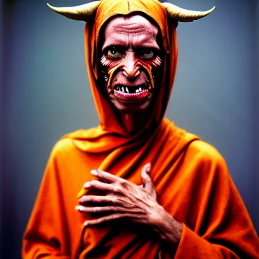 Image similar to uhd photorealisitc candid photo of satan. correct costume. correct face, accurate face. photo by annie leibowitz and steve mccurry