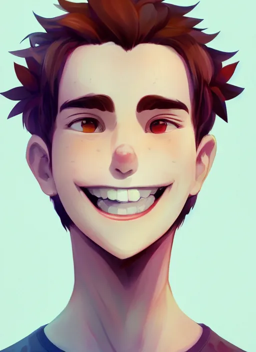 Prompt: a white young man with a big smile, prominent big eyes, wise forehead, big lips, round portruding chin, background full of brown flowers, standout colours, thin sharp lines, digital painting, artstation, matte, sharp focus, illustration, realistic anime moe artstyle