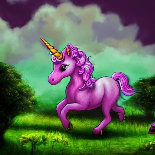 Image similar to a pinkish, purplish, unicorn frolicking, in a field of 4 leaf clovers, being ridden by a leprechaun, being chased by a sasquatch, diffuse lighting, fantasy, intricate, elegant, highly detailed, lifelike, photorealistic, digital painting, artstation, illustration, concept art, smooth, sharp focus, art by John Collier and Albert Aublet and Krenz Cushart and Artem Demura and Alphonse Mucha