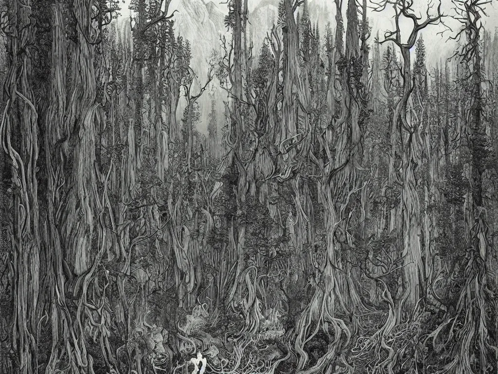 Prompt: dense forest, artstation, by aubrey beardsley, by caspar david friedrich, by laurie lipton, by kay nielsen, by ivan shishkin, calligraphy, divine, paradox, gnarly trees, terrifying, witchcraft!, hope, mountains in background