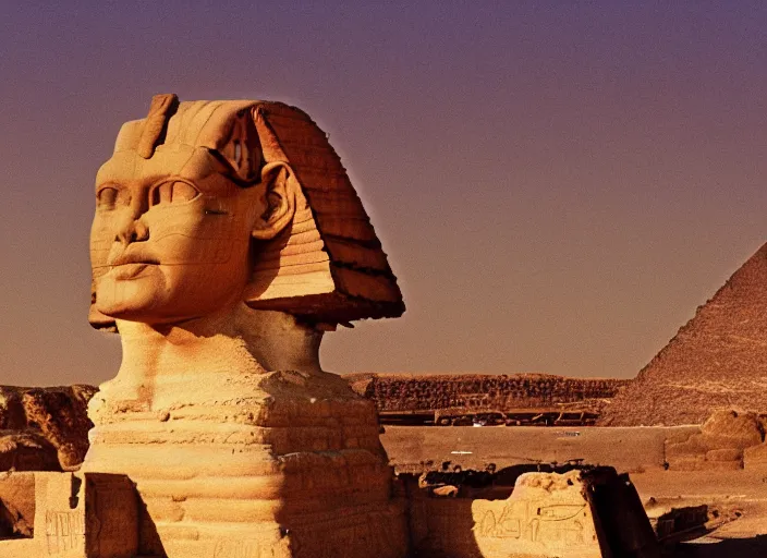 Image similar to 3 d render of kelsey grammer's head on a sphinx body, egyptology, ancient aliens, grainy cinestill film landscape photo, blender, monument, 8 k