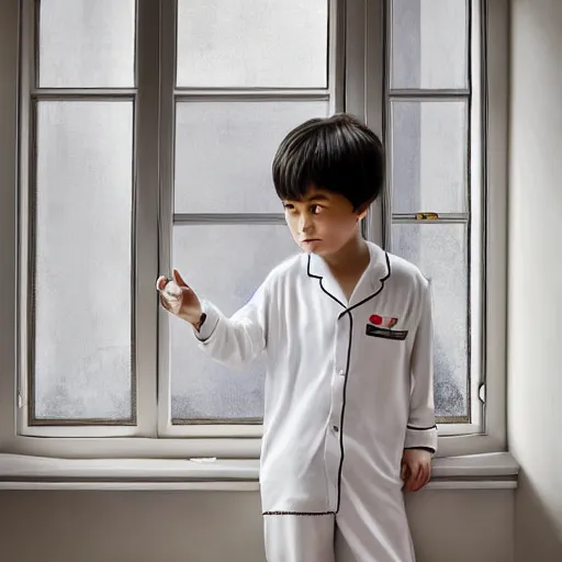 Prompt: young boy wearing white fabric pajama with cartoon paintings on it infront of the window in his room and staring outside. highly detailed, digital photo, smooth and sharp focus, cg by tian zi and wlop and alphonse mucha